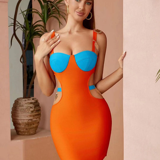 New French contrast color hot girl sexy cutout off-the-shoulder sling bandage one-piece dress