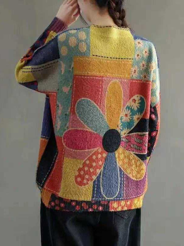 Colorful Flower Knit Round Neck Sweater
