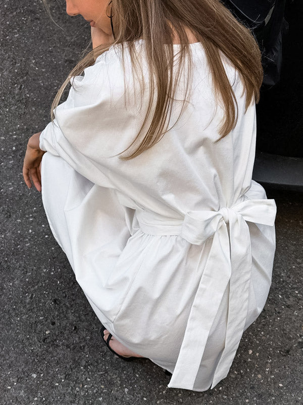 Long Sleeves Loose Pleated Solid Color Split-Joint Tied Waist V-Neck Mini Dresses Shirt Dress