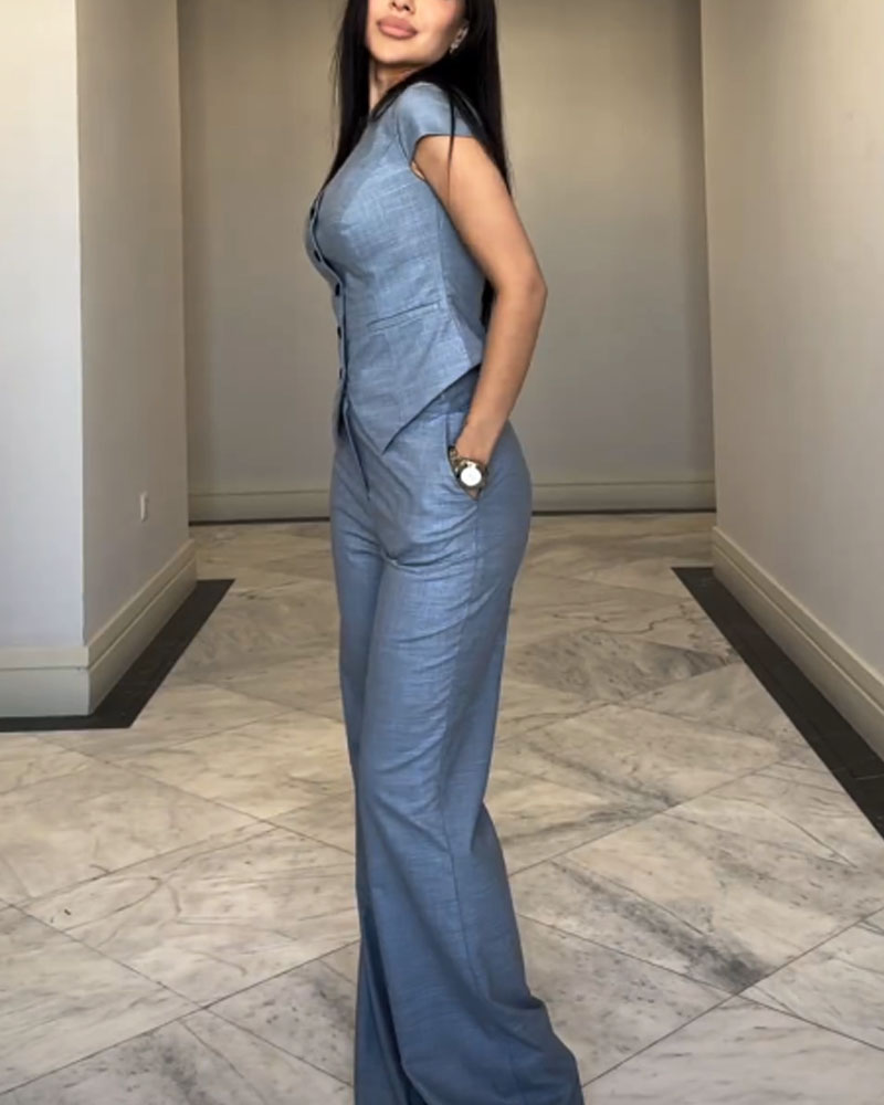 Fashion Commuter V-Neck Top & Pants Two-Piece Set