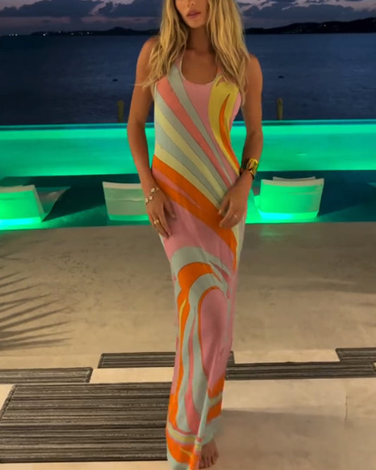 Fashion Color Printing Halter Dress