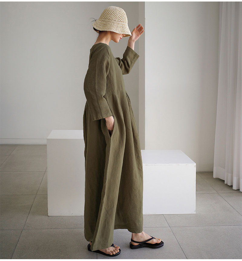 Simple Cotton Linen Style Long Sleeve Maxi Dress