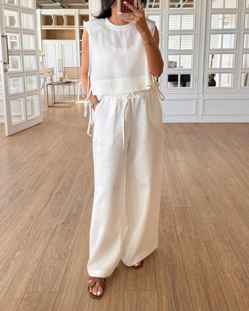 Casual Round Neck Lace-Up Sleeveless Top & Pants Two-Piece Set