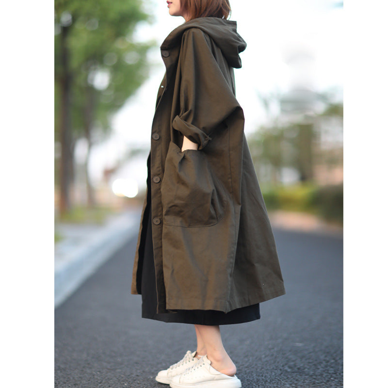 Cool Solid Color Hooded Long Windbreaker Coat