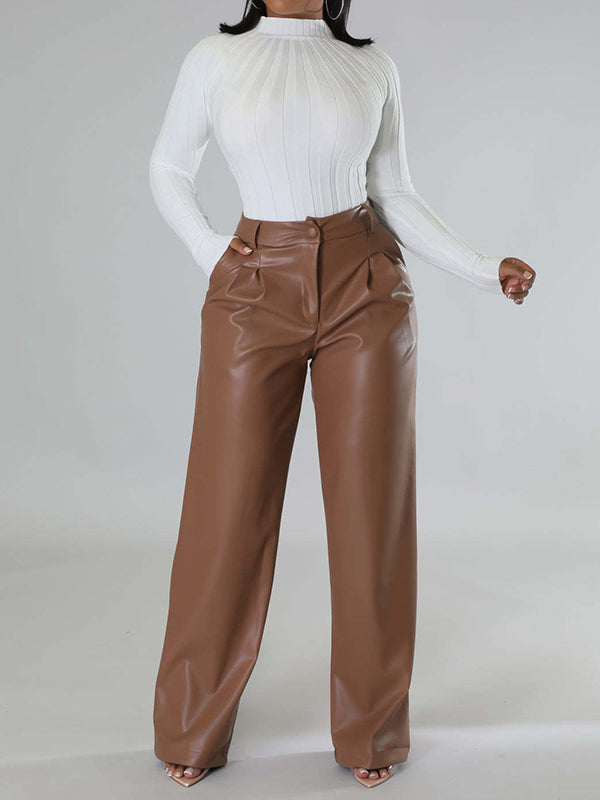 High Waisted Loose Pleated Solid Color Split-Joint Pants Trousers