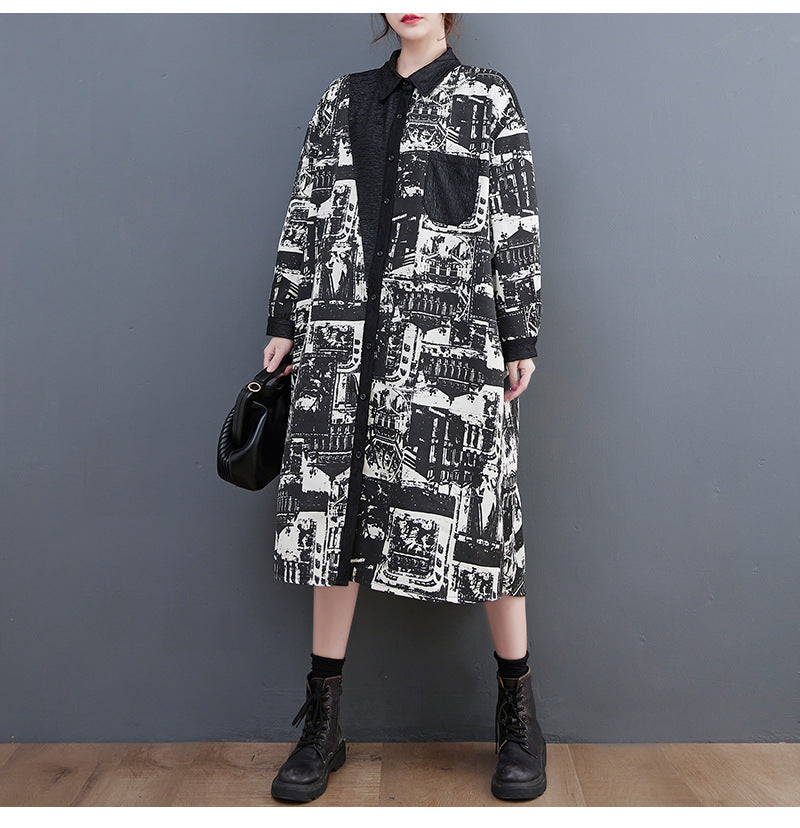 Vintage Print Lapel Long Sleeve Coat