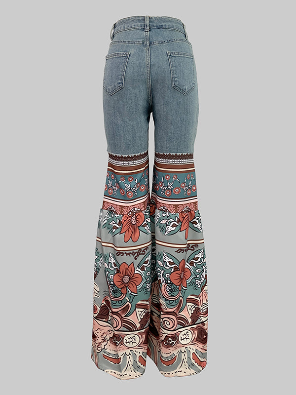 Flared Pants Floral Printed High-Waisted Pockets Jean Pants Bottoms