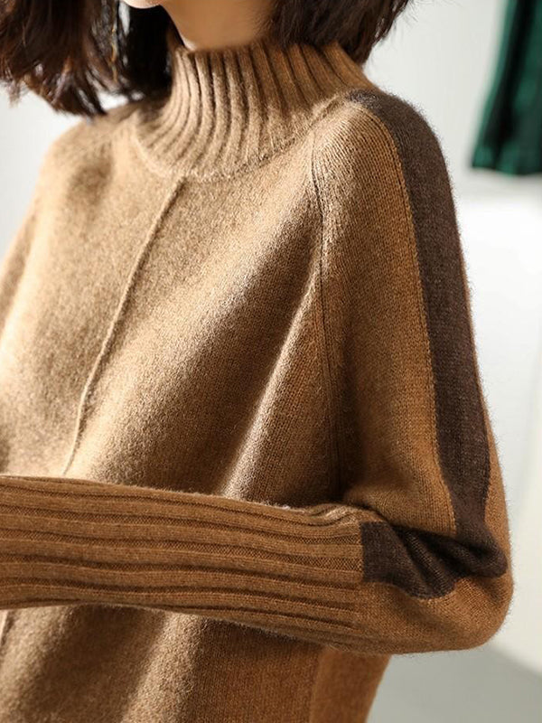 Loose Long Sleeves Contrast Color Half Turtleneck Sweater Dresses