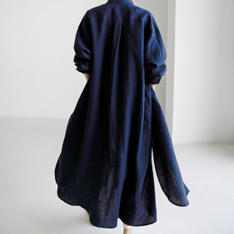 Simple Cotton Linen Long Sleeve Midi Dress