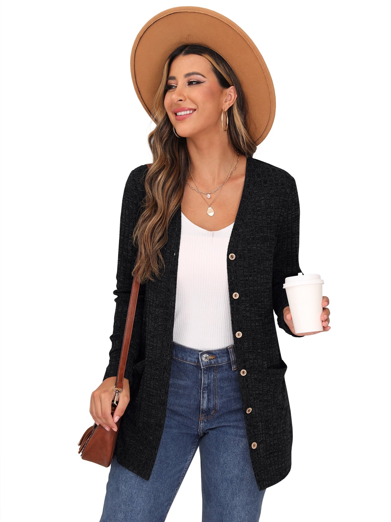 Open Front Black Cardigan for Women Button Down Long Sleeve Outerwear with Pocket