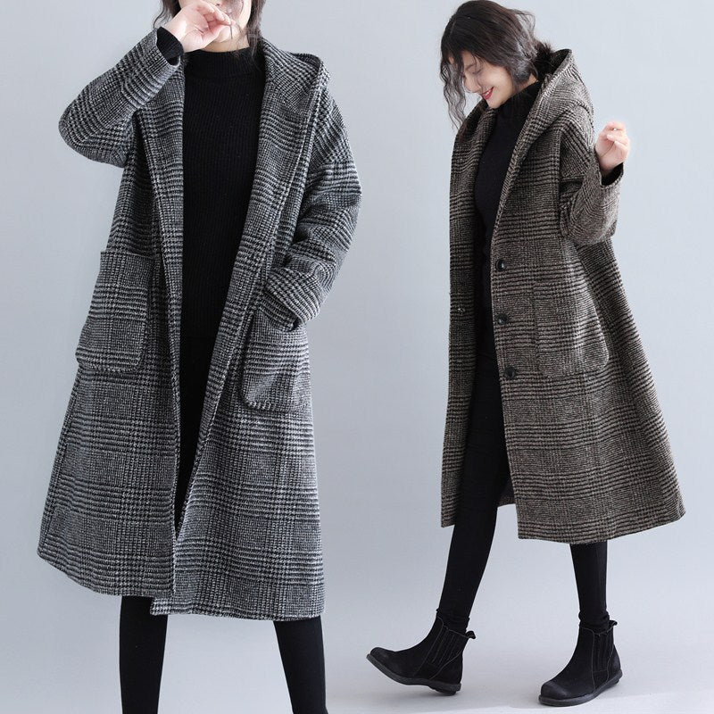 Classic Houndstooth Hooded Long Sleeve Coat
