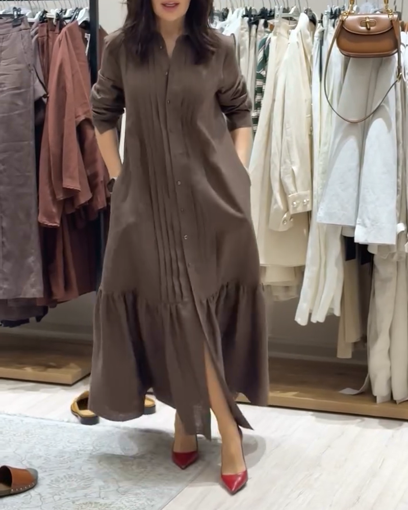 Stylish Linen Pleated Long Shirt Dress