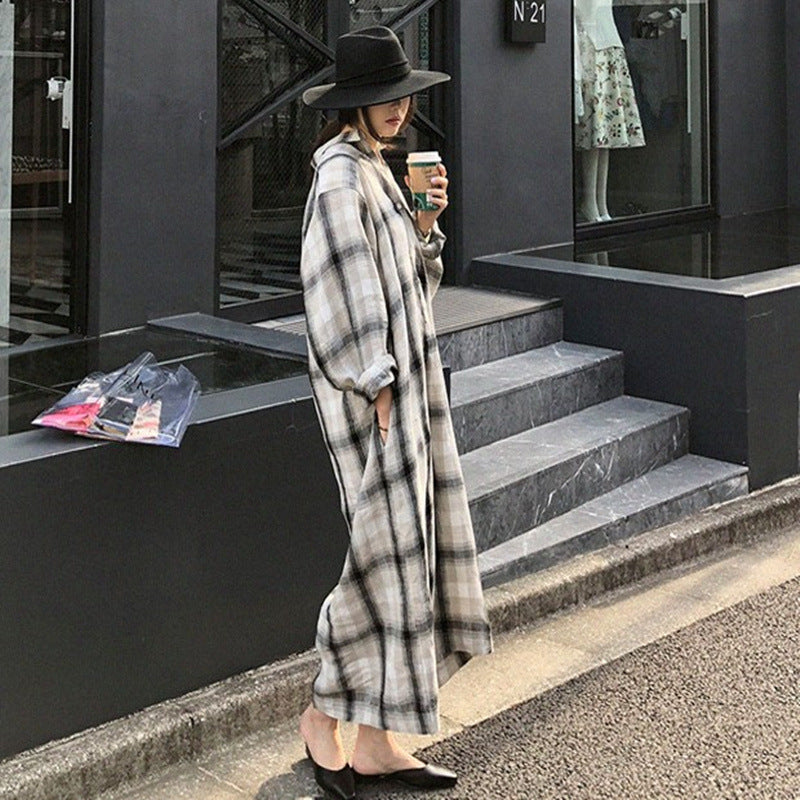 Loose Plaid Long Sleeve Lapel Maxi Dress