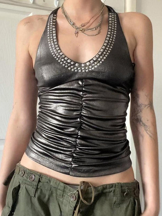 Skinny Sleeveless Backless Pleated Rhine Stones Tied Halter-Neck Vest Top