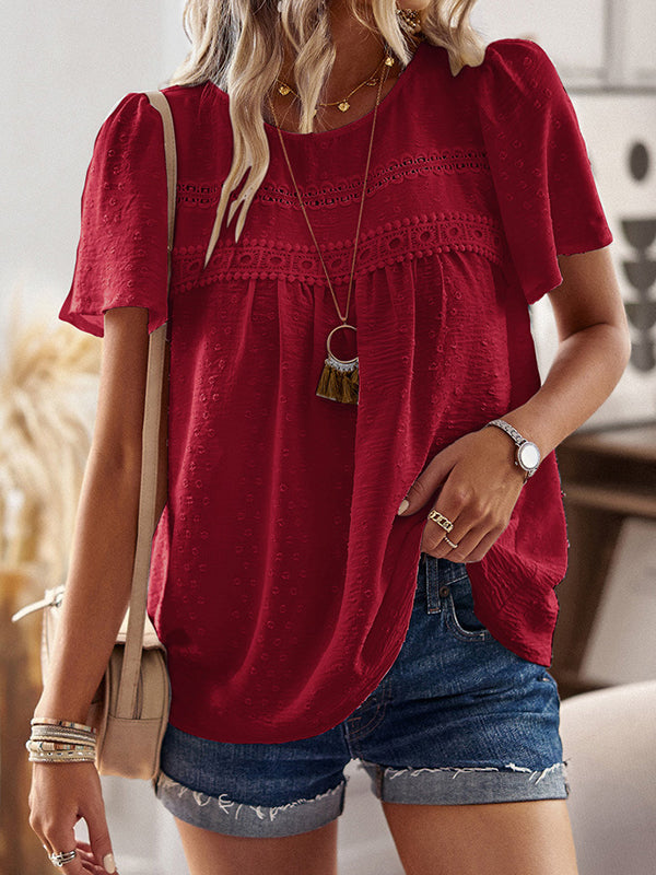 Loose Short Sleeves Hollow Jacquard Pleated Solid Color Split-Joint Round-Neck T-Shirts Tops