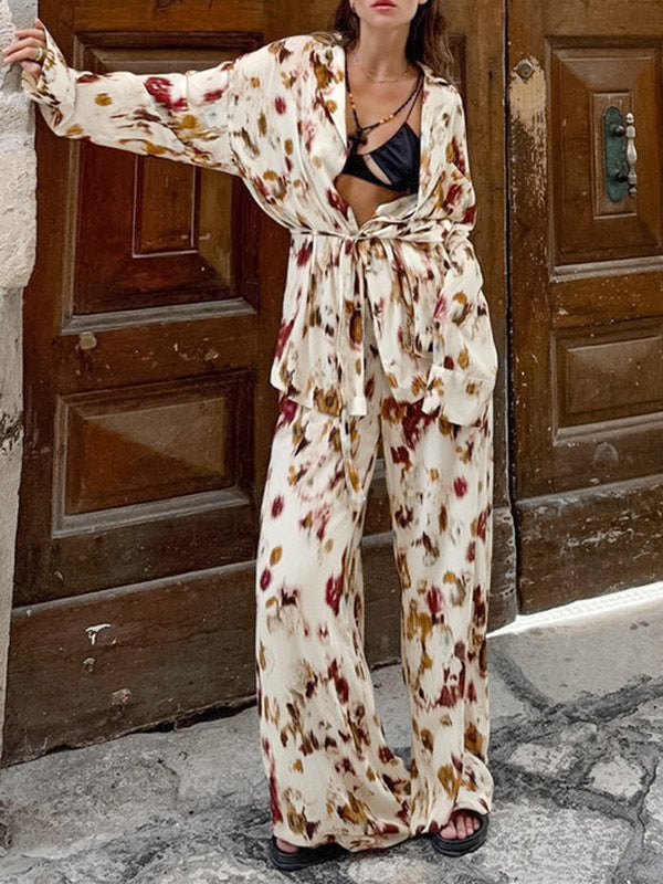 Long Sleeves Lace-Up Printed Lapel Blouse + High Waisted Elasticity Pants Two Pieces Set