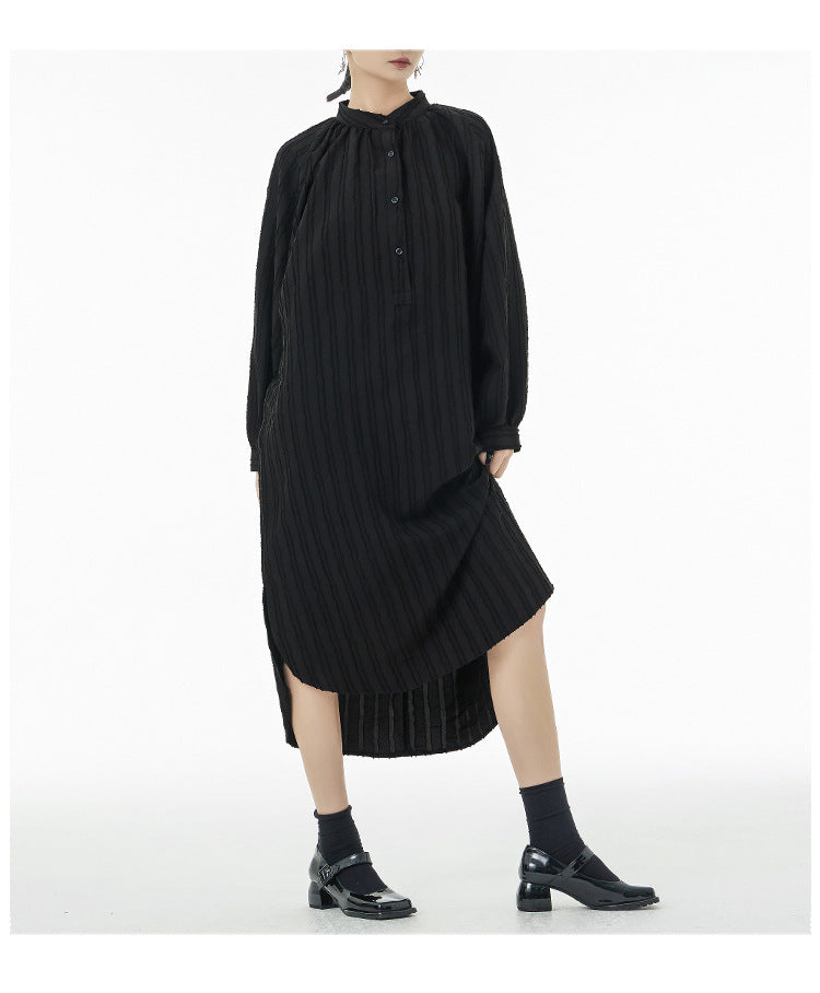 Asymmetric Striped Stand Collar Long Sleeve Midi Dress