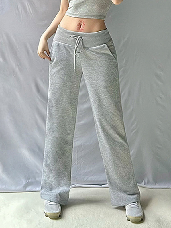 Flared Pants Loose Drawstring Pockets Solid Color Pants Trousers