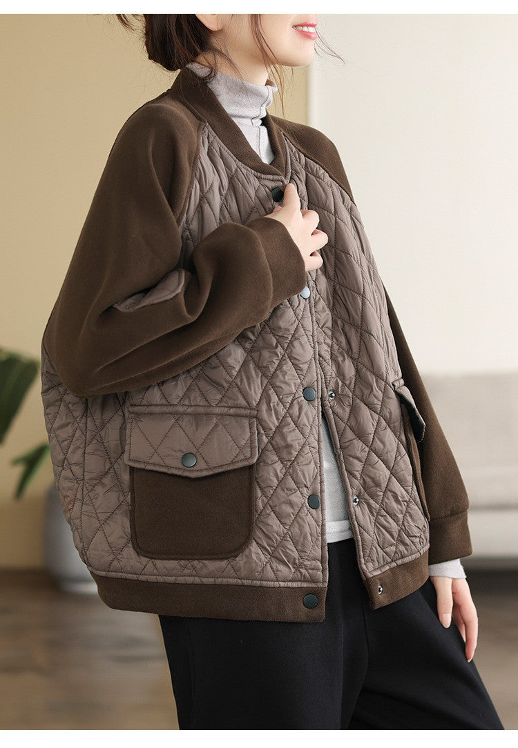 Literary Warm Splicing Round Neck Cotton Jacket