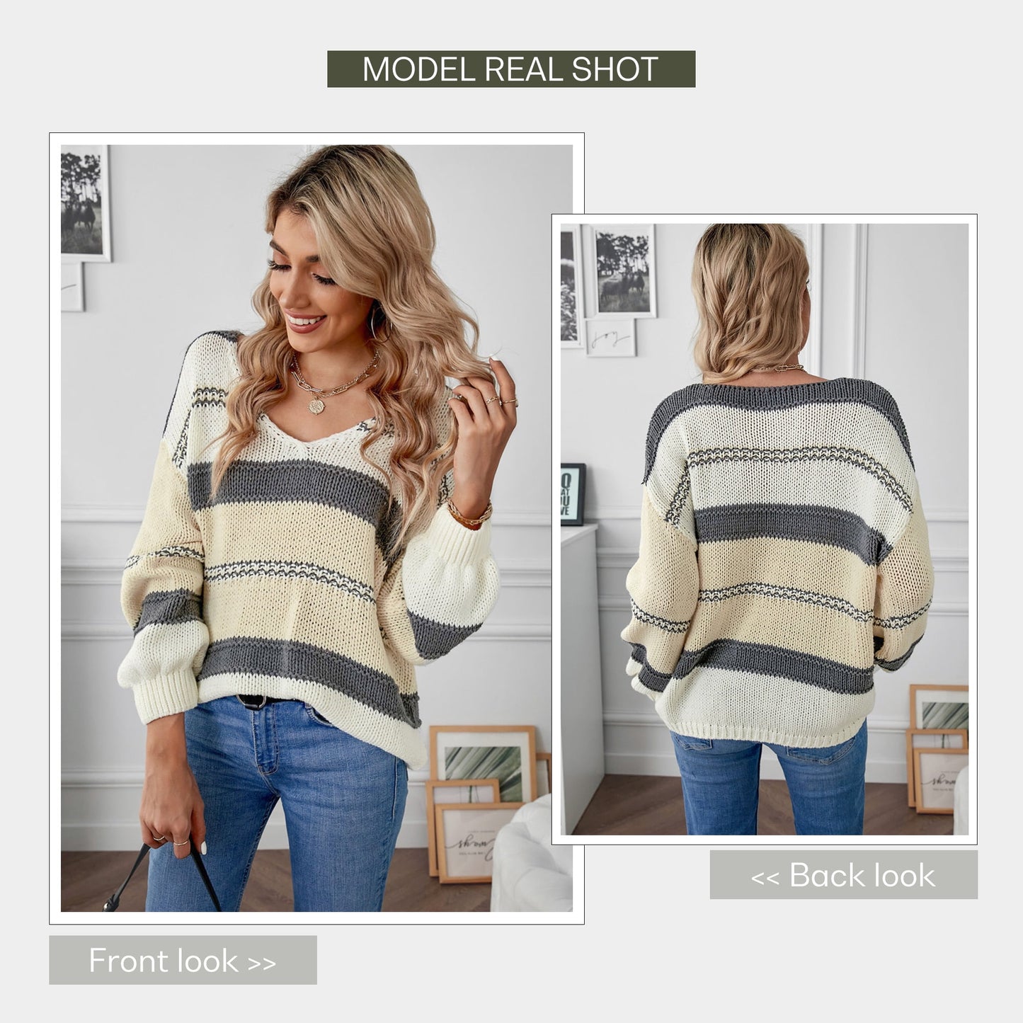 Women Sweater Tops Autumn Winter V-Neck Oversized Colorblock Knitted Pullover Blouses Jumper Tops XL 16-18