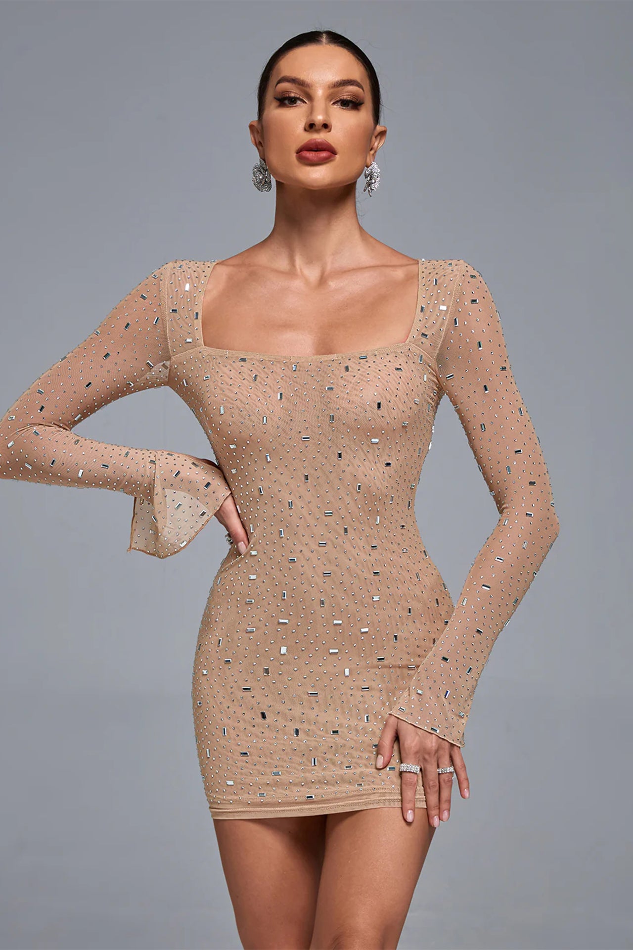 Sheer Embellished Long Sleeve Mini Dress