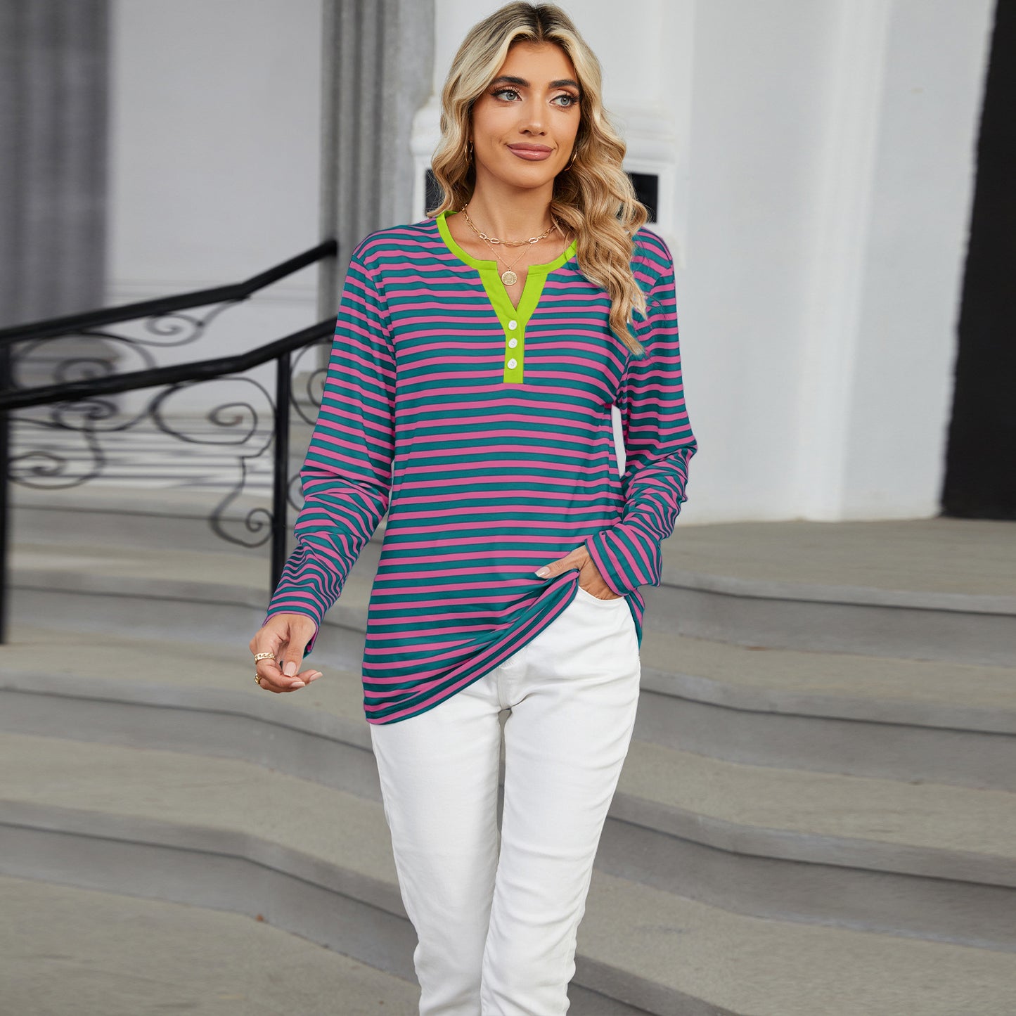 Autumn and winter New V-neck contrast color striped loose long sleeve women's T-shirt tops