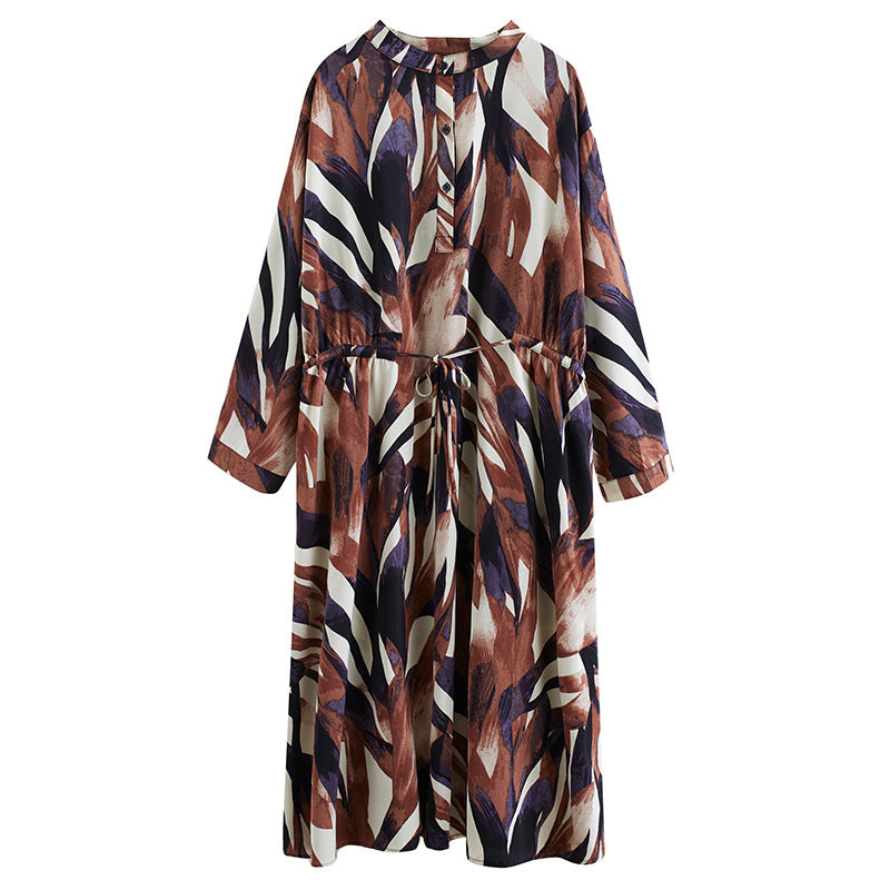 Casual Print Stand Collar Long Sleeve Midi Dress