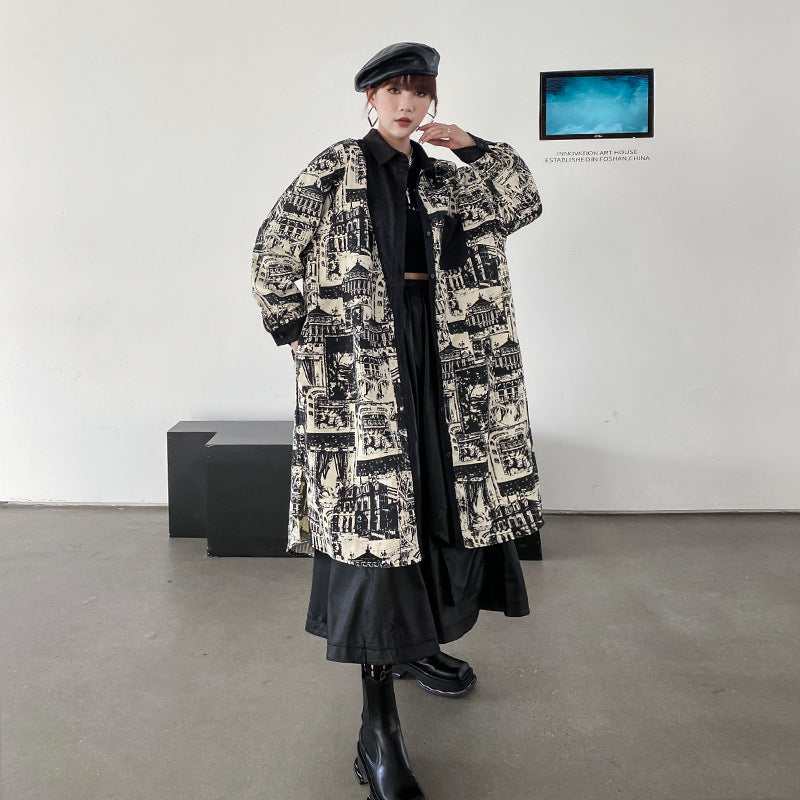 Vintage Print Lapel Windbreaker Coat