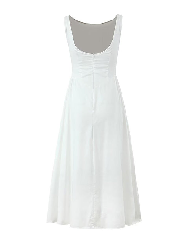 A-Line Loose No Belt Pleated Solid Color Zipper Round-Neck Midi Dresses