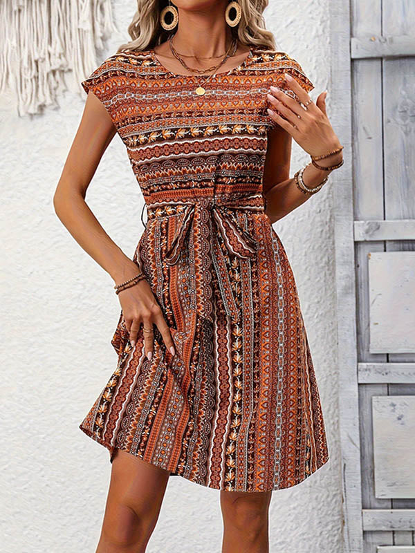 A-Line Loose Printed Tied Waist Round-Neck Mini Dresses