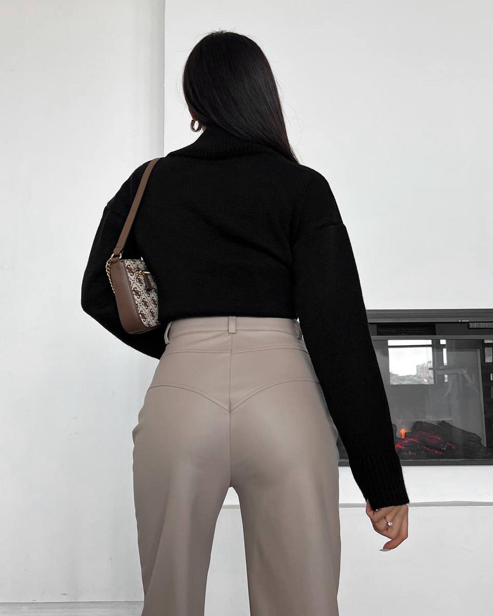 Autumn and Winter high waist leather stitching trousers for women casual straight pants leather pants