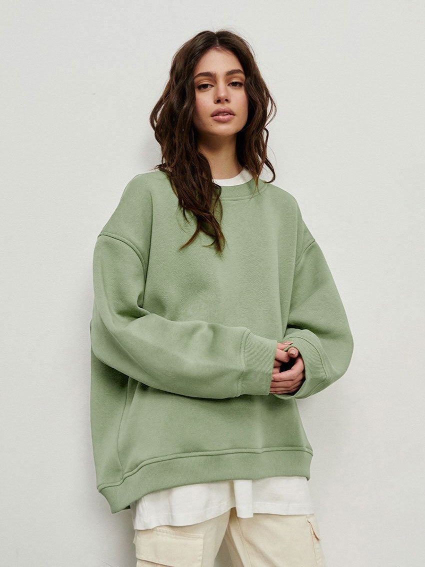 Round neck loose sweatshirt women's autumn winter Street solid color Oversize polar fleece pullover top