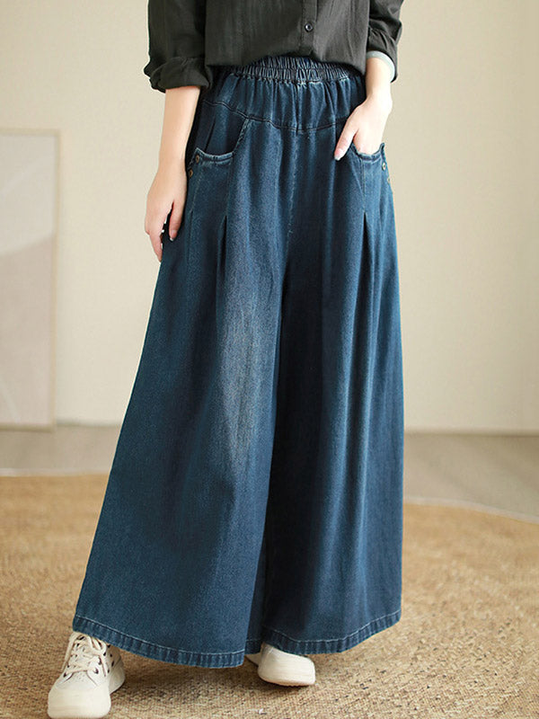 Loose Wide Pants Elasticity Pleated Flared Trousers Jean Pants Bottoms