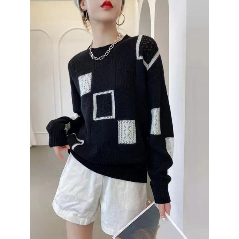 Spring and Autumn New Color Block Plaid Retro Round Neck Pullover Long Sleeve Sweater