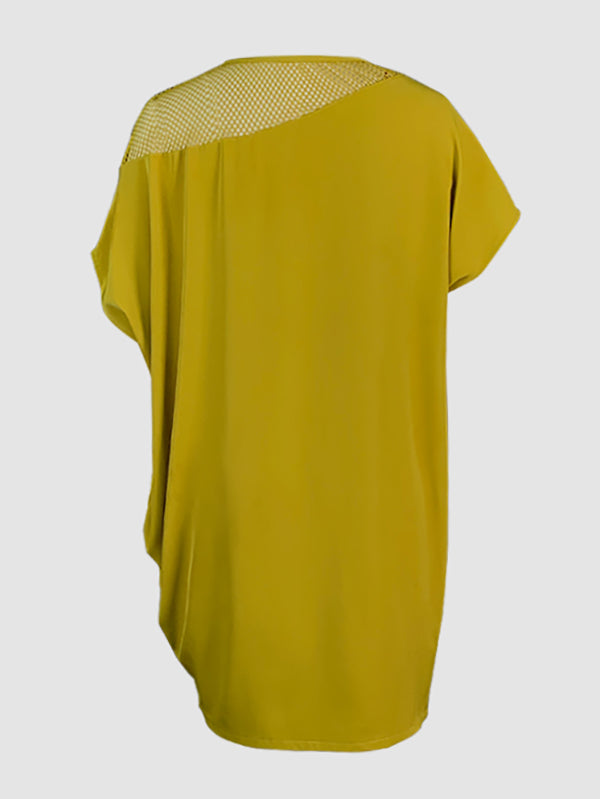 Loose Raglan Sleeve Mesh Split-Joint Round-Neck Mini Dresses