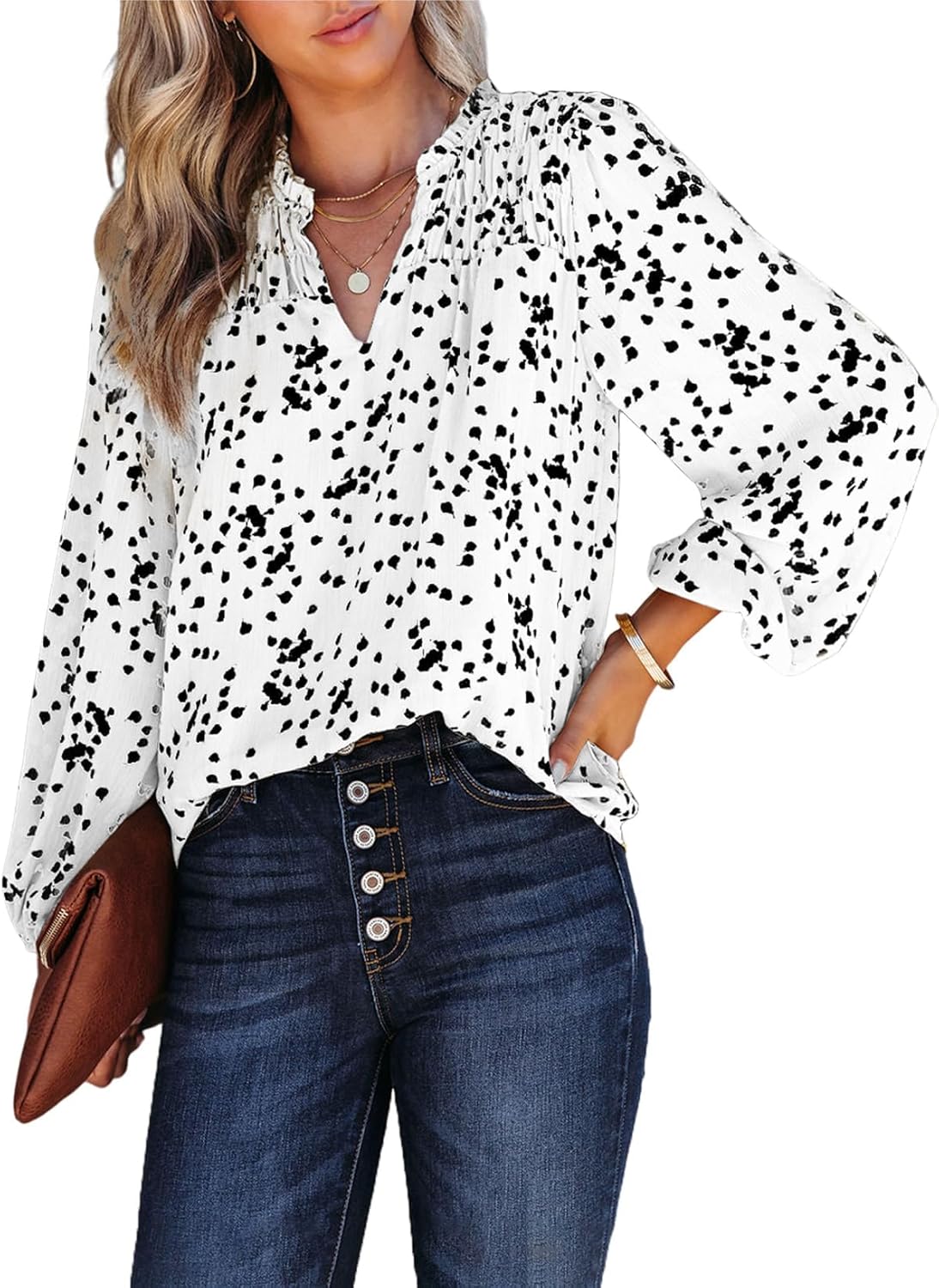 Relaxed V-Neck Floral Print Pleated Long-Sleeved Chiffon Shirt (Buy 2 Free Shipping)