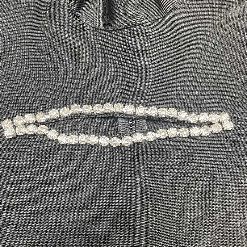 Bandage women's round neck long sleeve sexy cutout diamond color matching tight bandage one-piece dress evening dress