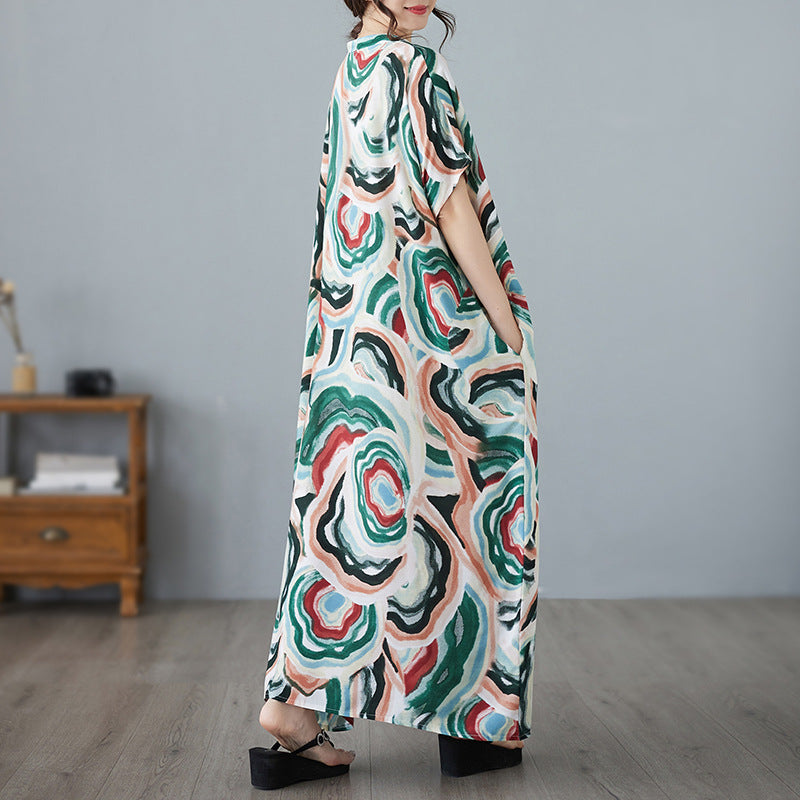 Vintage V-Neck Holiday Style Loose Printed Dress