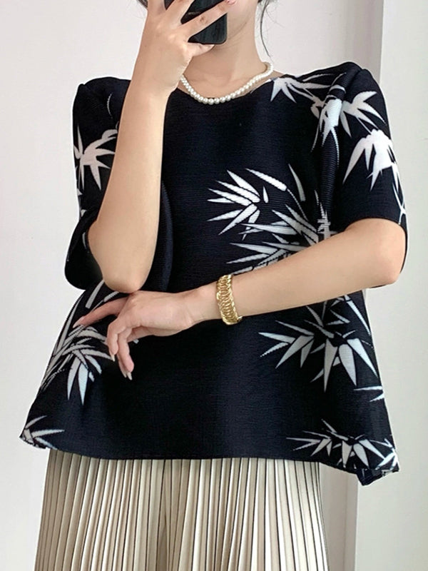 A-Line Half Sleeves Pleated Printed Round-Neck T-Shirts Tops