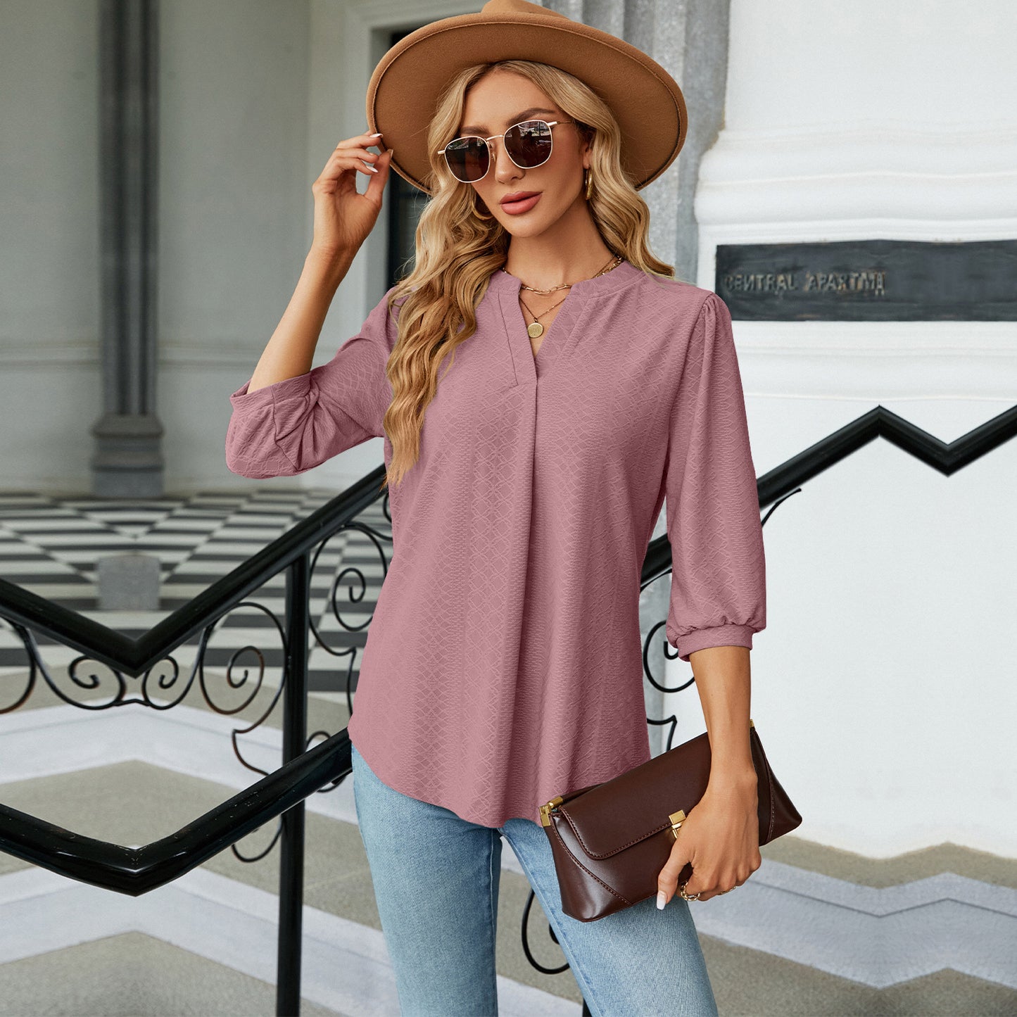 Autumn and Winter new solid color and V-neck jacquard 3/4 sleeve loose-fitting T-shirt top women