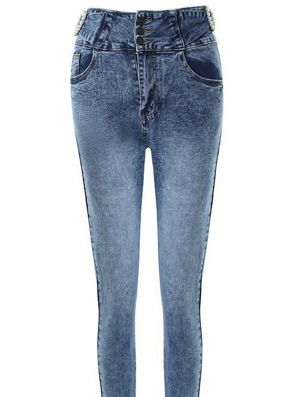Skinny Beads Buttoned Elasticity Pockets Zipper Jean Pants Bottoms