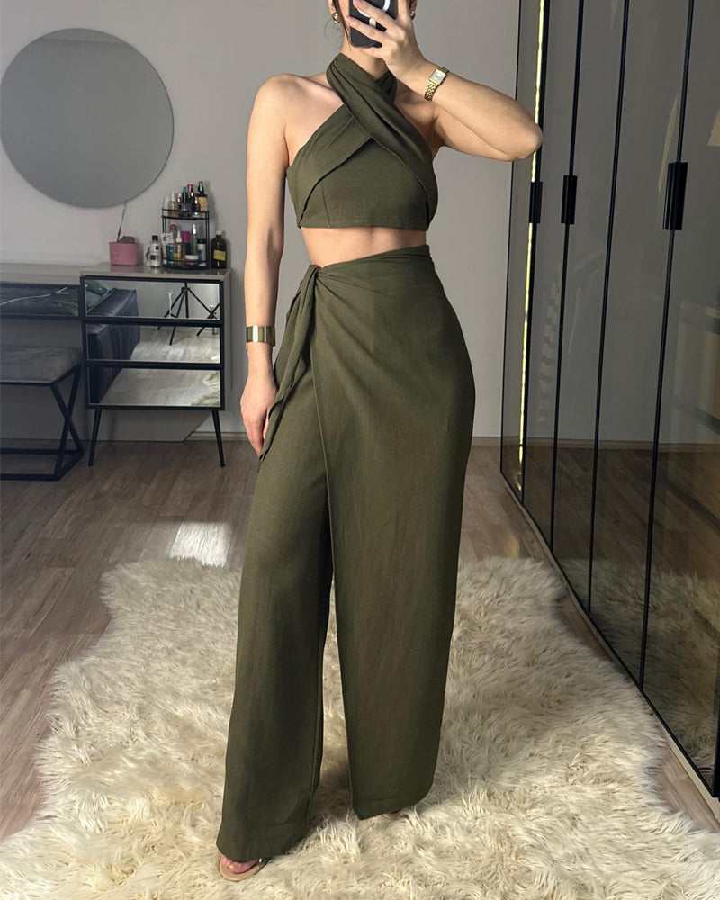 Fashion Lace-Up Top & Lace-Up Pants Two-Piece Set