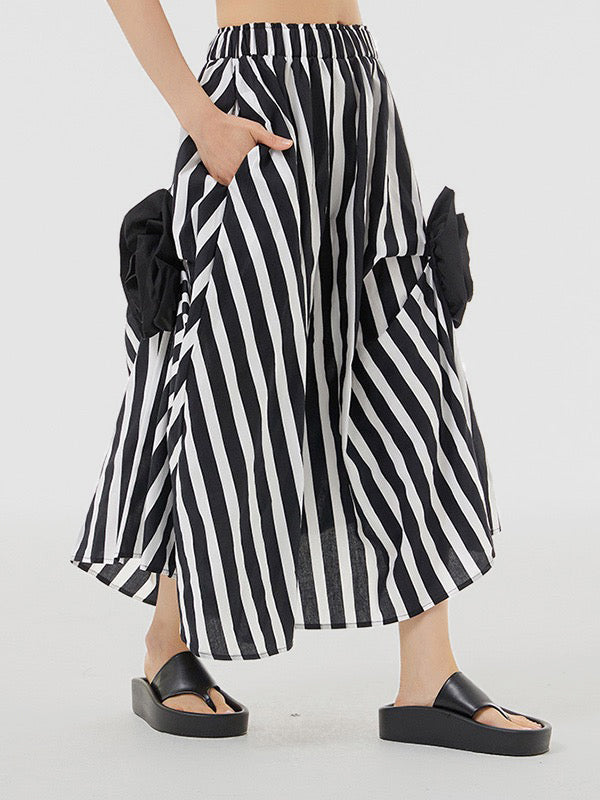Loose Asymmetric Contrast Color Elasticity Striped Three-Dimensional Flower Skirts Bottoms