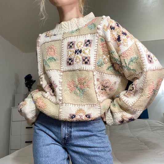 Vintage patchwork colorblock floral knit mock neck sweater