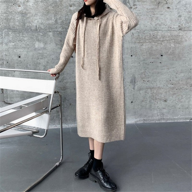 Simple Solid Color Hooded Sweater Dress