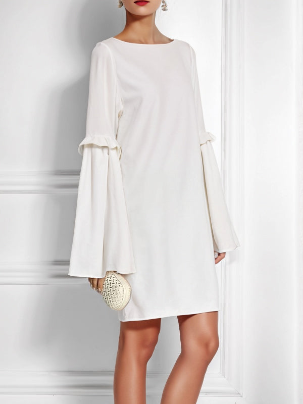 Flared Sleeves Long Sleeves Pleated Solid Color Split-Joint Round-Neck Mini Dresses