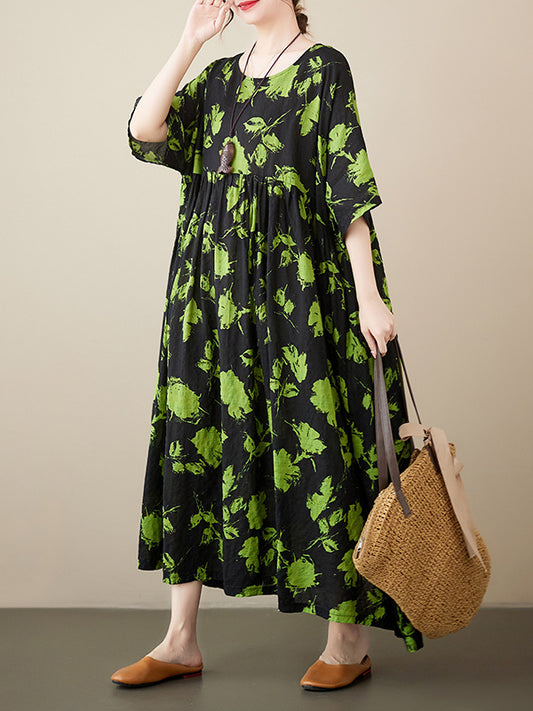 Bohemian Print Short Sleeve Round Neck Midi Dress