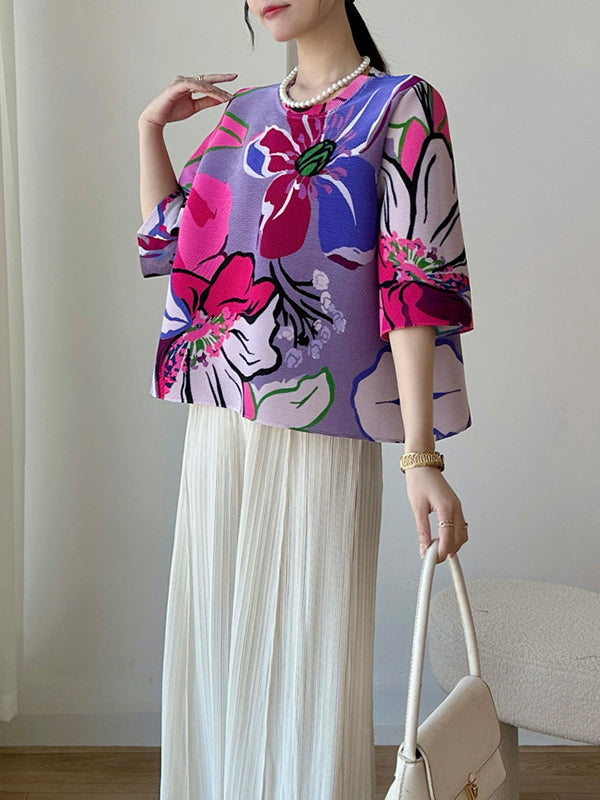 A-Line Half Sleeves Flower Print Pleated Round-Neck T-Shirts Tops