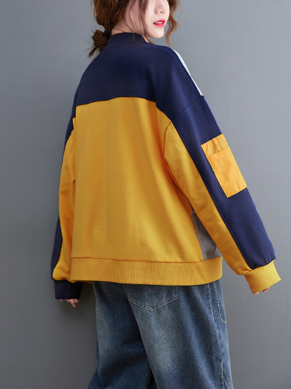 Casual Color Blocking Round Neck Long Sleeve Baseball Jacket
