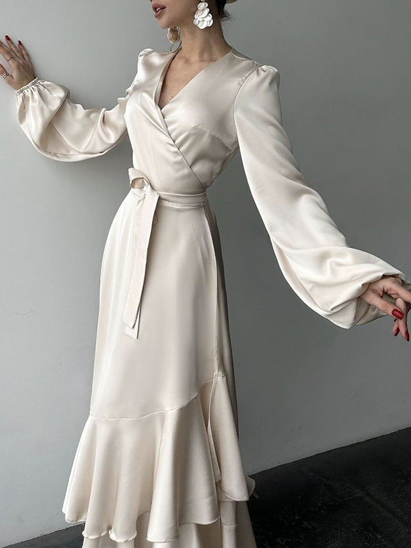 Loose Puff Sleeves Asymmetric Pleated Solid Color Split-Joint Tied Waist V-Neck Maxi Dresses Shirt Dress